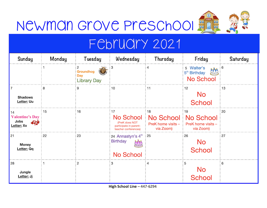 Newman Grove Preschool Calendar